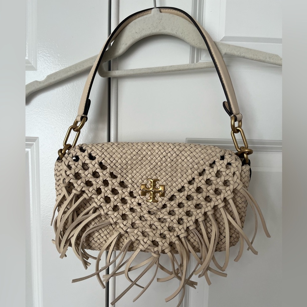 Tory Burch Woven Fringe Shoulder Bag in Beige